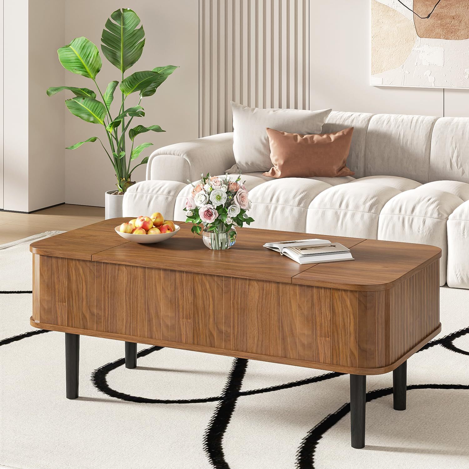 Fsbecl Mid-Century Modern Wood Coffee Table with Storage, Rectangle, Brown