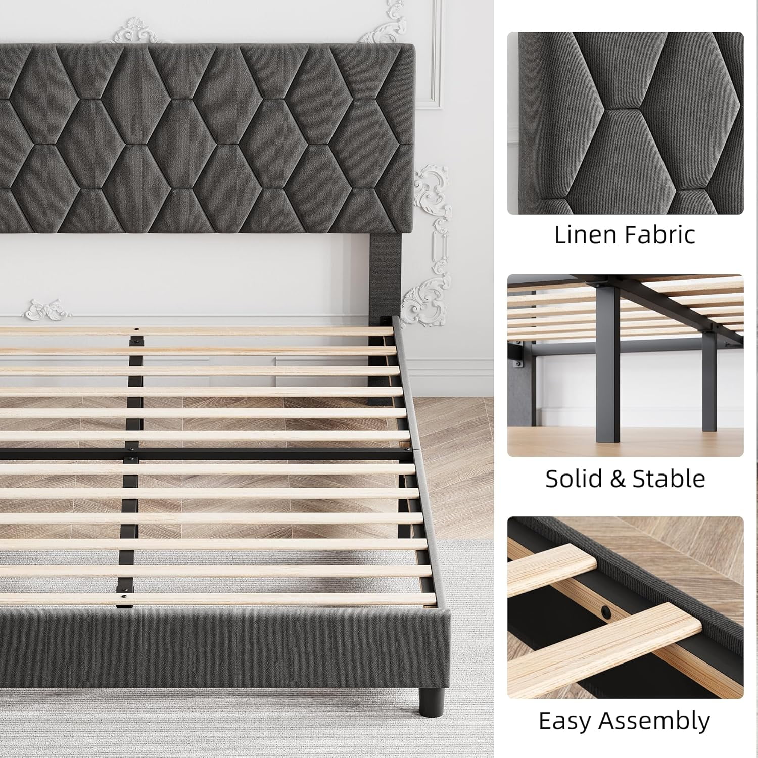 ChaoLink King Bed Frame Platform Bed Frame with Upholstered Headboard – Adjustable Fabric Bed Frame with Diamond Pattern, Soft Fabric, Wood Slat Support, Grey
