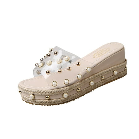 

Fashion Pearl Platform Wedge Heel Outer Wear High-Heeled Platform Slippers Sandal for Women Women Slides Sandals Adjustable