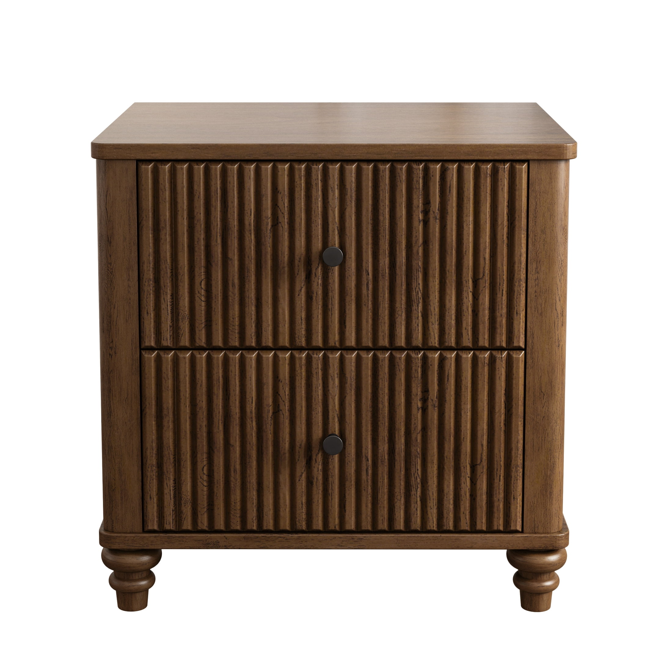Noble House Gideus Fluted Nightstand, Mid-Century Drawer Bedside Table, Rubberwood Base with Metal Handles, Walnut