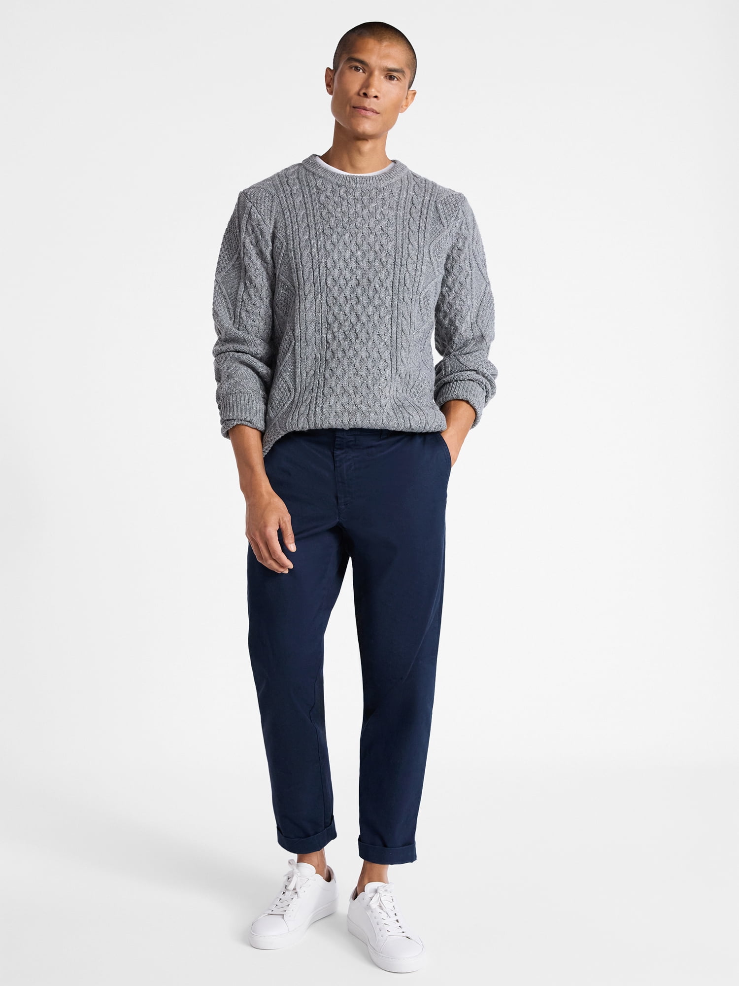 Free Assembly Men's Fisherman Crewneck Sweater with Long Sleeves, Sizes XS-3XL