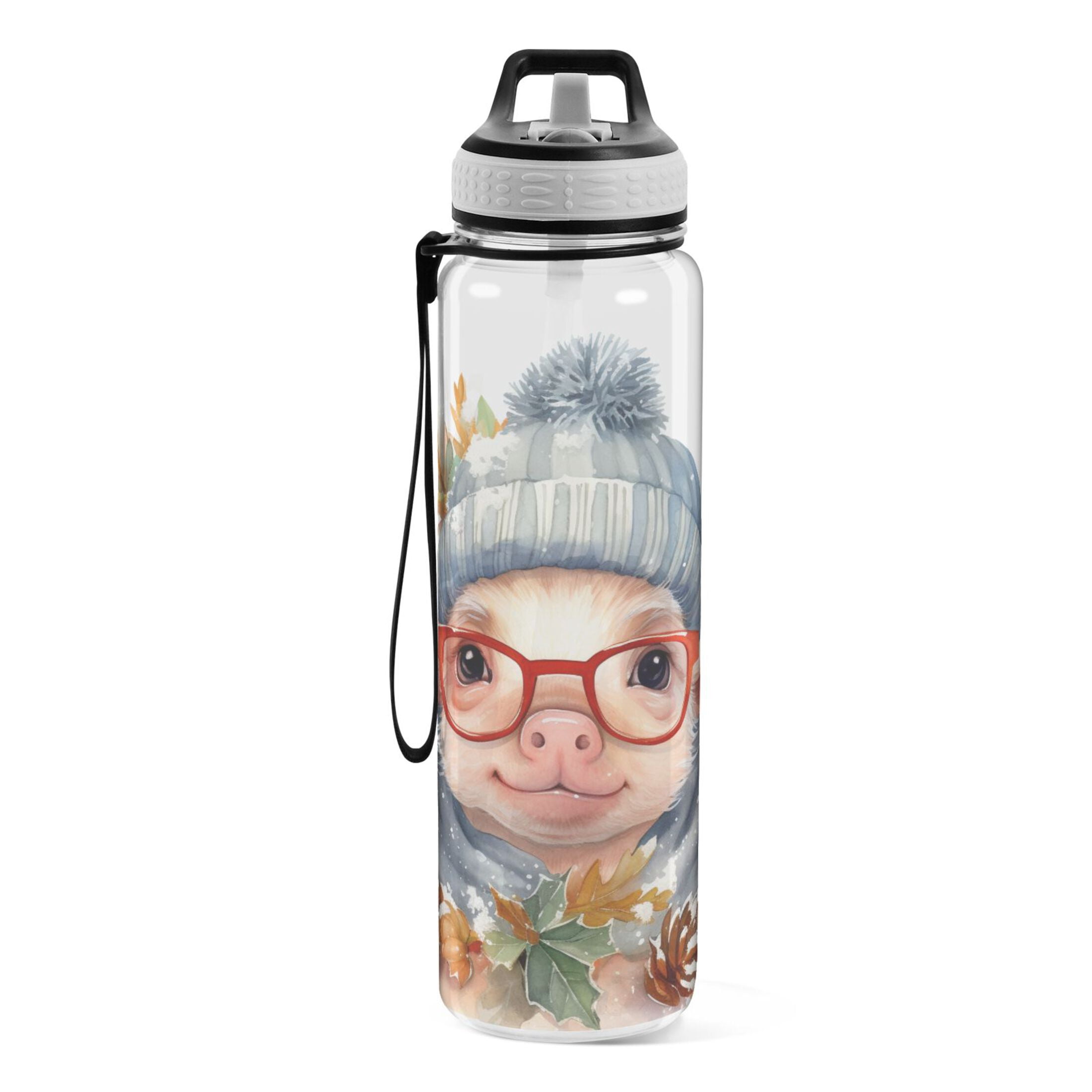 Pig Glasses Pines Leaves Sports Water Bottle Portable Travel Mug 32oz BPA Free Leak Proof Straw Transparent Tritan for Gym Yoga Cycling Camping