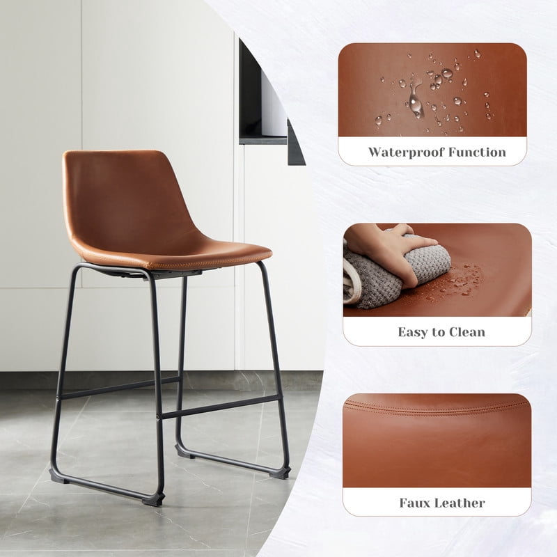 Gianna Counter Height Bar Stools Set of 2, Modern Faux Leather High Barstools with Back and Metal Leg, Bar Chairs for Kitchen Island, Brown