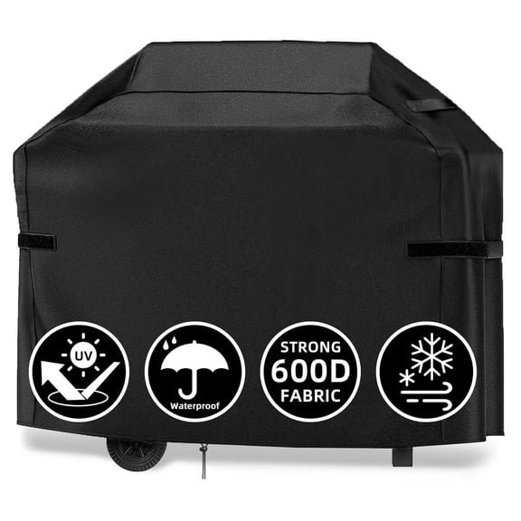 600D Grill Cover, 58 inch BBQ Gas Grill Cover for Outdoor Grill, Waterproof, Anti-UV, Rip-Proof, Fade Resistant Material, Barbecue Cover with Hook-and-Loop Straps & Adjustable Hem Drawstring, Black