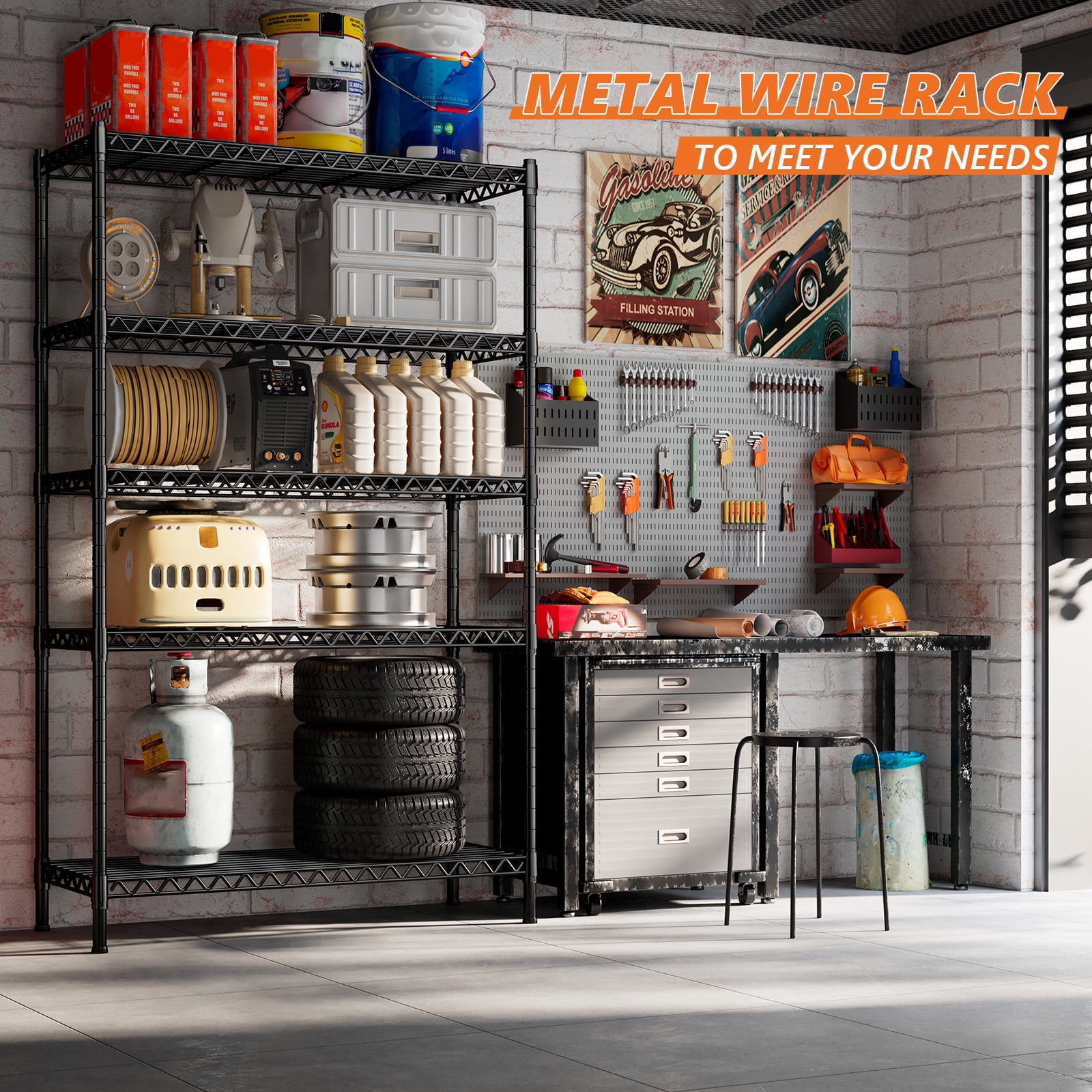 REIBII 73"H Storage Shelves 1650LBS Wire Shelving Unit with Wheels 5 Tier Heavy Duty Metal Shelves for Storage Rack,73"H x 35"W x 15"D