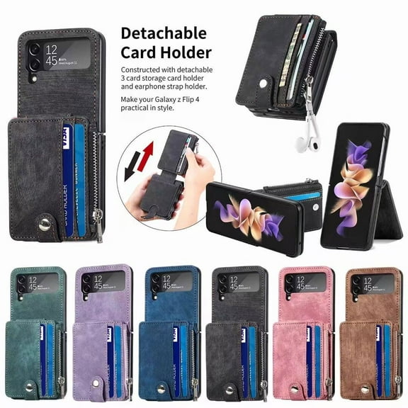For Samsung Galaxy Z Flip4 5G Zipper Pocket 9 Card Slots Holder Leather Classic Rugged Shockproof Case