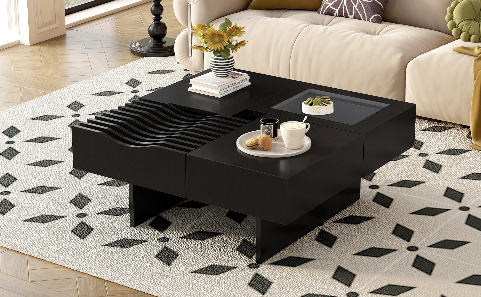 Euroco Multifunctional Square Coffee Table with Wave Design & Storage Drawers – Modern, Sturdy, Easy Assembly