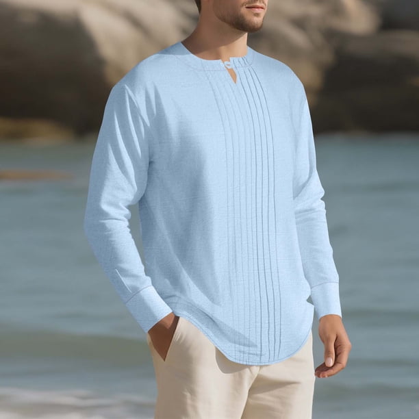 pstuiky Camisas de manga larga de invierno para hombre, Camiseta deportiva informal de manga larga con botones y cuello redondo para hombre, color liso Tops casuales para hombres xl