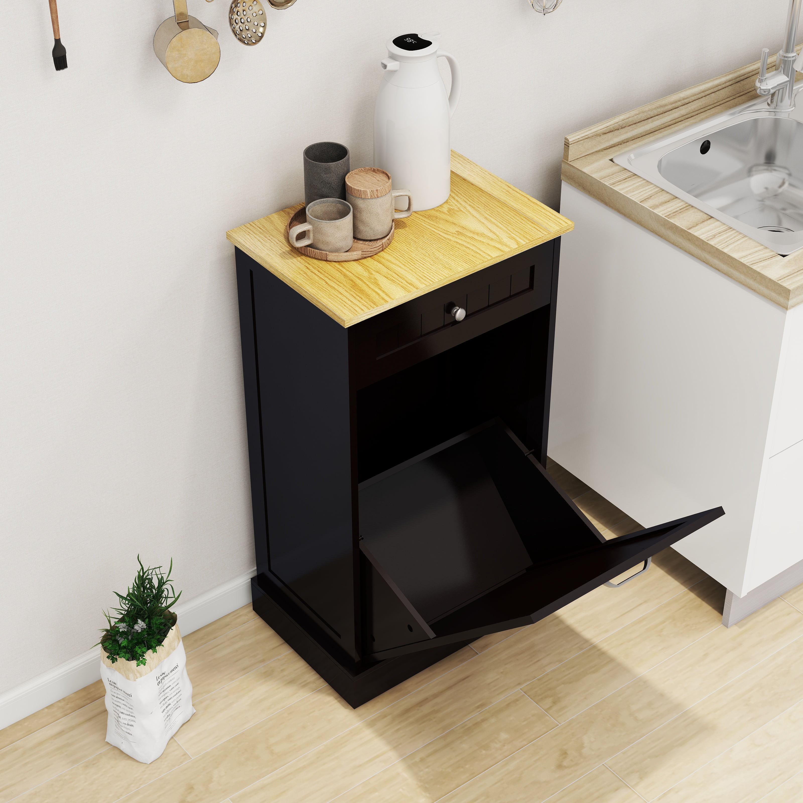 Aukfa Tilt Out Trash Cabinet,10 Gallons Freestanding Kitchen Trash Bin Cabinet,Black