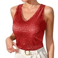 thumbnail image 2 of VJGBEGW Women V Neck Loose Sequin Tank Tops Sparkly Glitter Sleeveless Blouse Basic Cami Shirts Fashion Daily Party Club Nightout Lounge Tops Red XL, 2 of 7