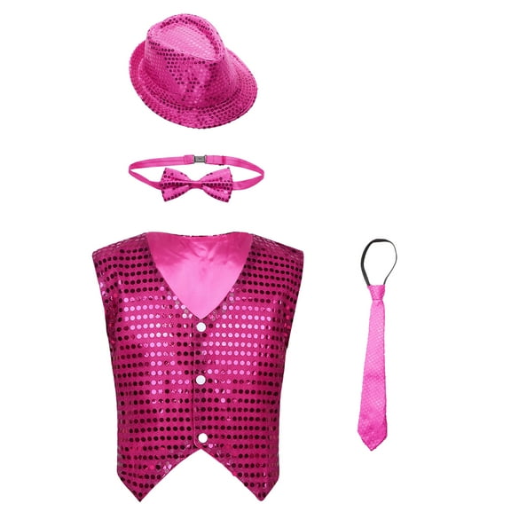 Haitryli Kids Girl's Boy's Jazz Disco Hip Hop Choir Dance Vest Top Waistcoat and Hat Bowtie Necktie Fancy Party Outfit Hot Pink 13-14