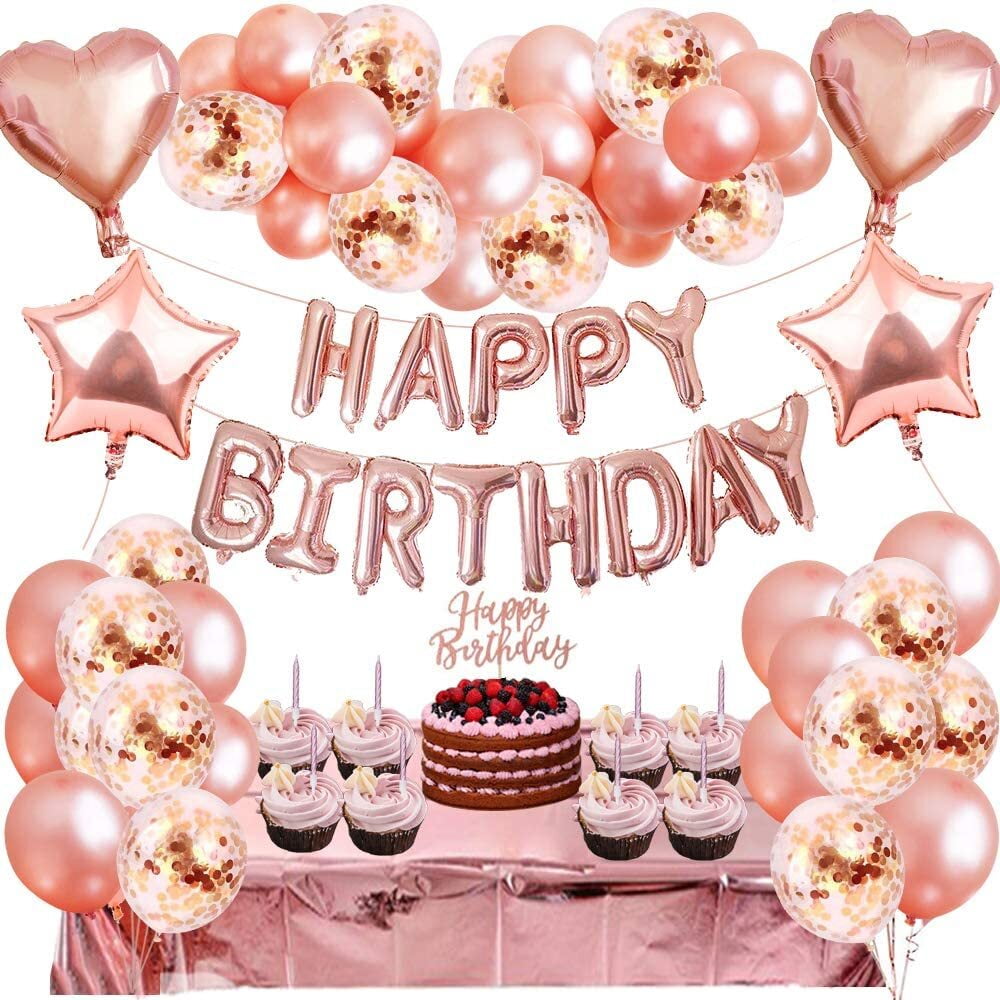 YANSION Rose Gold Birthday Decoration for Girls Women, Happy Birthday Banner Balloons, 4pcs Heart Star, 50pcs Latex Confetti Balloons Ribbons Table Cloth Anniversary Party Accessories