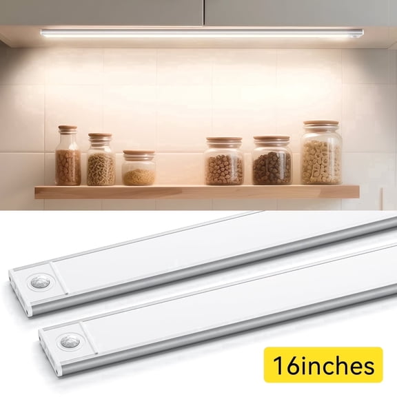 16 Inches Under Cabinet Lighting, 2 Pack Rechargeable Motion Sensor Light Indoor with 3 Color Temps & Stepless Dimming, Wireless Magnetic Under Counter Lights for Kitchen, Shelf, Closet, Bathroom