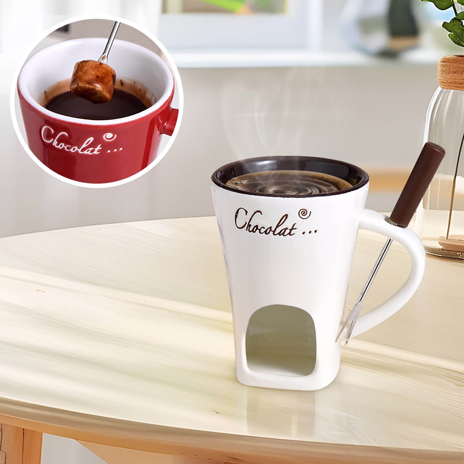 Tasse à Fondue Au Chocolat Avec Fourchettes - Céramique Avec Support Bougie - Capacité 330ml - Pour Fondue, Fromage, Beurre Fondu