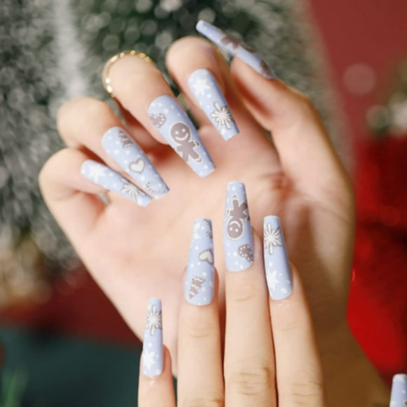 Extra Long Coffin Press on Nail Snowflake Glossy Ballerina Fake Nail Matte Elk Black False Nails Acrylic Full Cover Nails Nails Accessory for Women and Girls 24Pcs