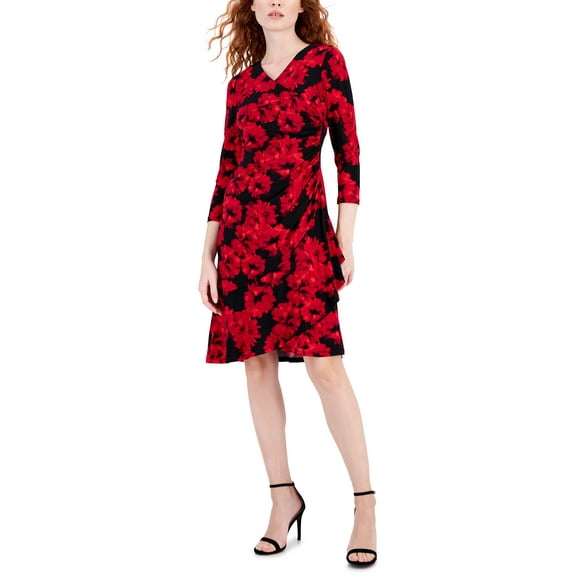 Petite 3/4-Sleeve Printed Faux-Wrap Dress Anne Black/Fire Red Multi PS