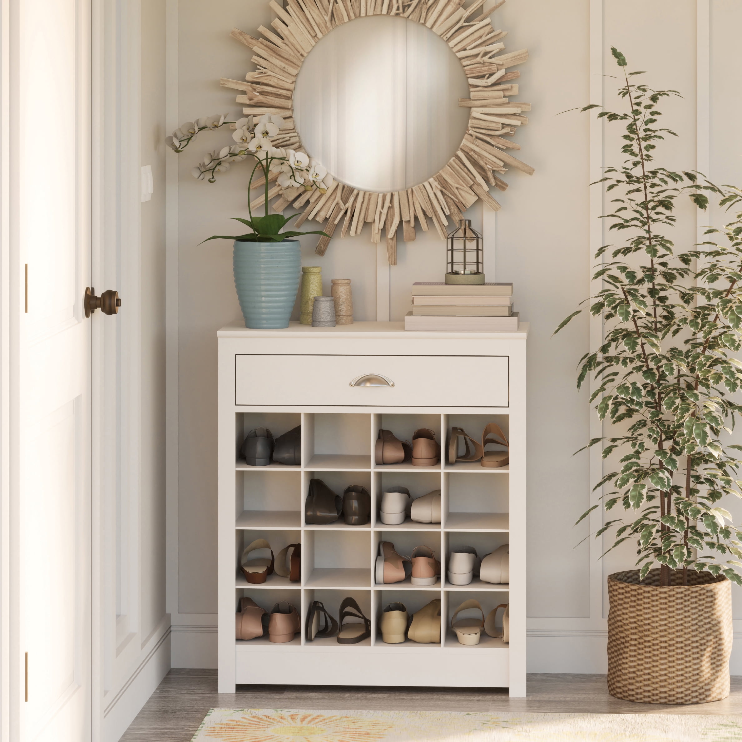 Prepac Entryway Shoe Storage Cabinet with 16 Cubbies and a Slim Top Drawer, White