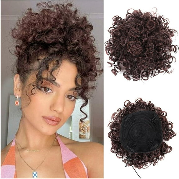 Aorsher 10Inch Reddish Brown Messy Hair Bun Elastic Drawstring Loose Wave Large Curly Scrunchies Short Synthetic Ponytail Hair Bun Extension for Women Daily Use 60 Gram