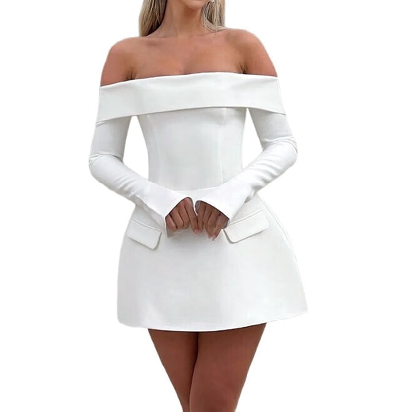 Women Mini Dress Off Shoulder Long Sleeve A Line Dress Short Formal Dresses Party Clubwear White XS