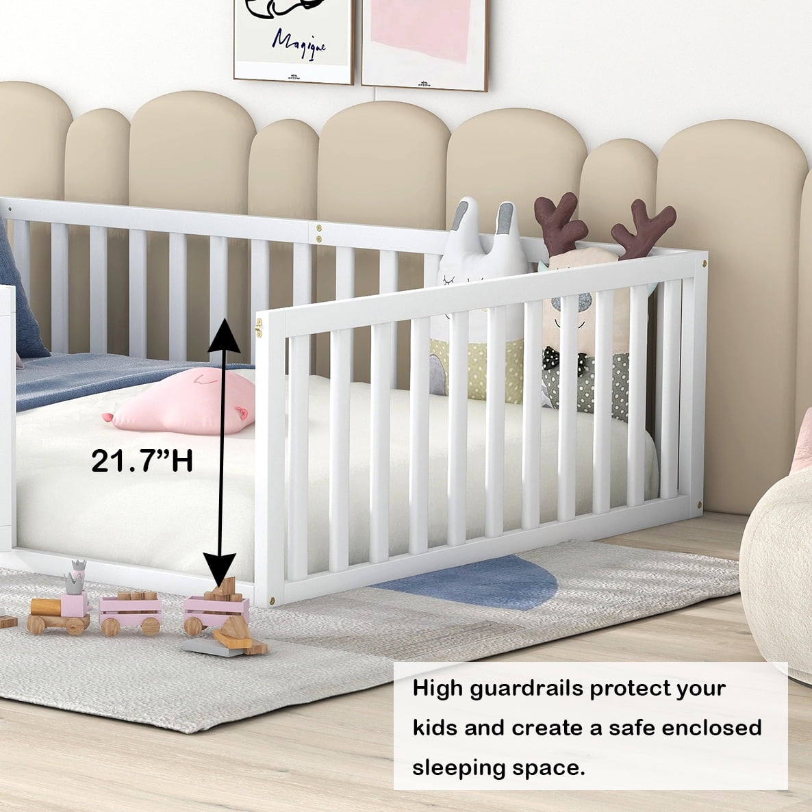 Bellemave Full Size Floor Bed with Fence and Door, Wood Montessori Bed Frame, Floor Bed Frame, Slats Not Included (Full,White)