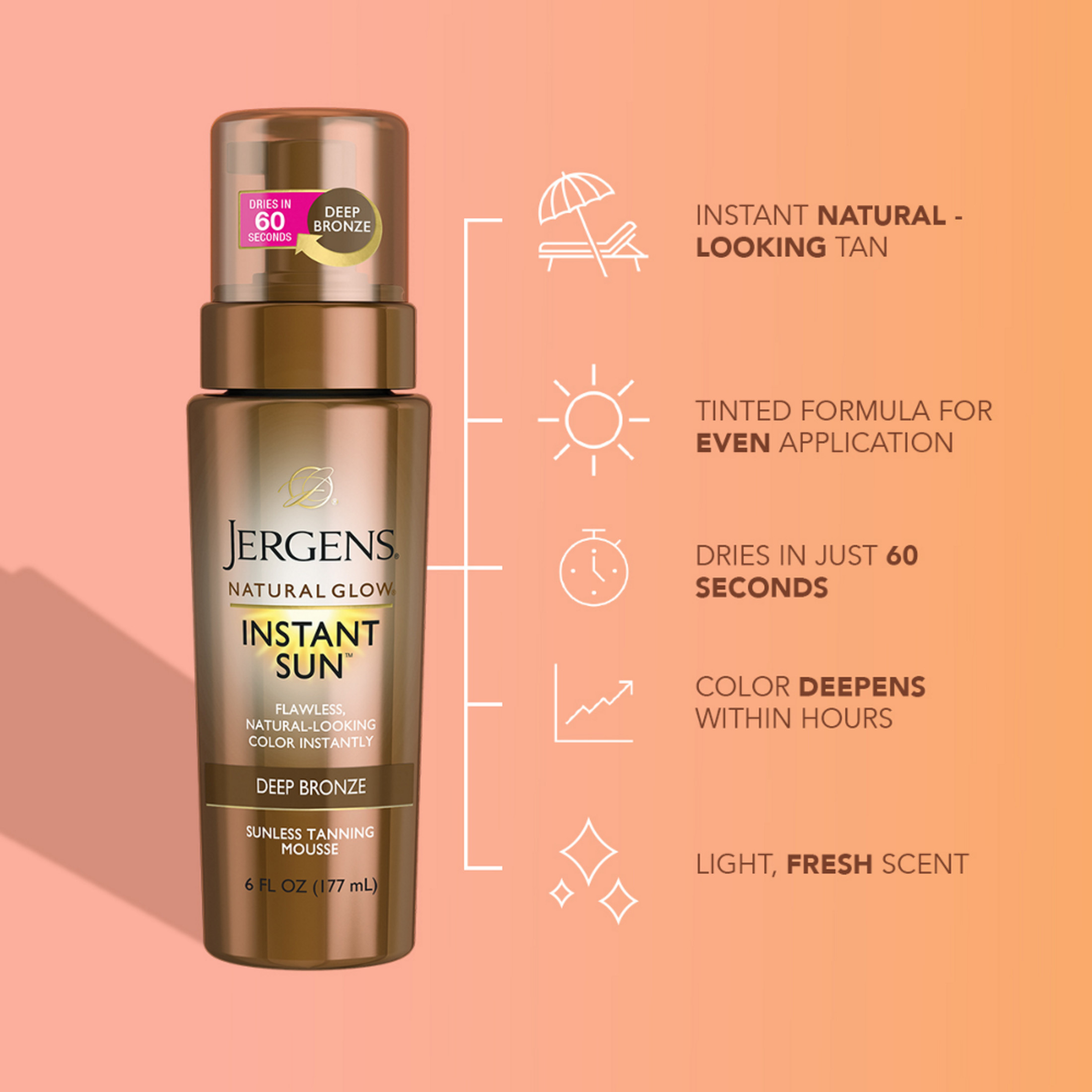 Jergens Natural Glow Instant Sun Sunless Tanning Mousse, Deep Bronze, 6 fl oz - image 3 of 10