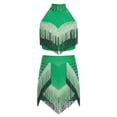 thumbnail image 4 of TiaoBug Kids Girls Latin Dance Outfits Fringe Tassels Halter Backless Crop Top with Mini Skirts Dancewear Green 16, 4 of 6