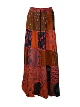 Mogul Women Red Patchwork Skirt Elastic Waist Rayon Vintage Indian Style Handmade A-Line Long Skirts M/L