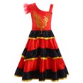 thumbnail image 3 of Vestido de baile con falda oscilante para salón de baile para niñas, disfraz de actuación, vestido con cinturón con volantes y hombros irregulares y tocado, 3 of 5