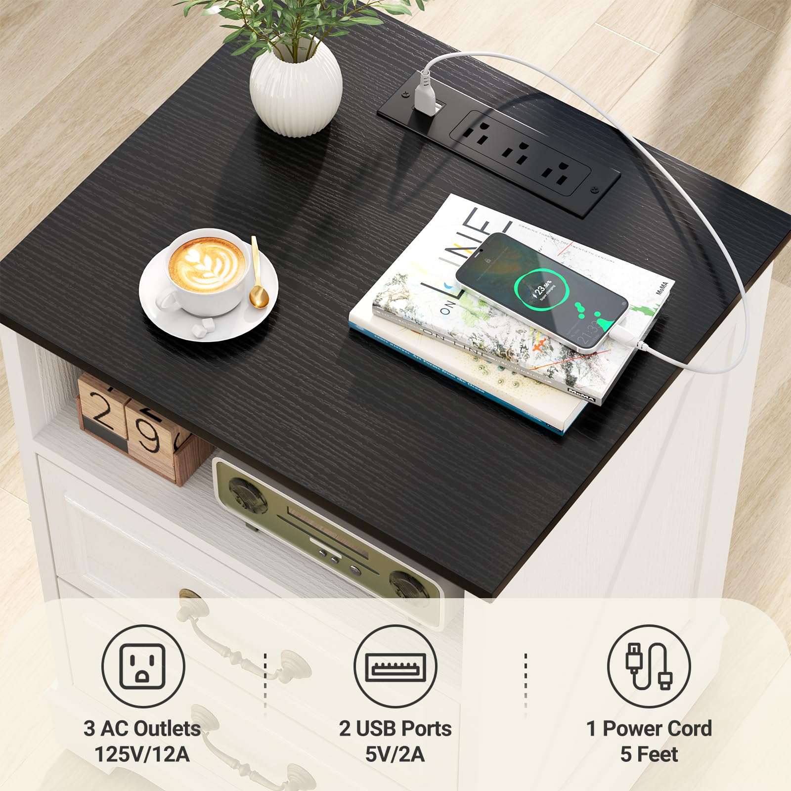 Homieasy Set of 2 Nightstands with Charging Station, Farmhouse Rustic Bedside Tables with USB-C Ports, AC Outlets, Drawers & Open Shelf for Bedroom, Living Room,Rustic White