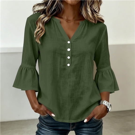 thefmos Women's Fall Winter V Neck 3/4 Sleeve Blouses Ruffle Button Down Casual Solid Tops Loose Pullover Sweater Shirts for Work Travel, Green M