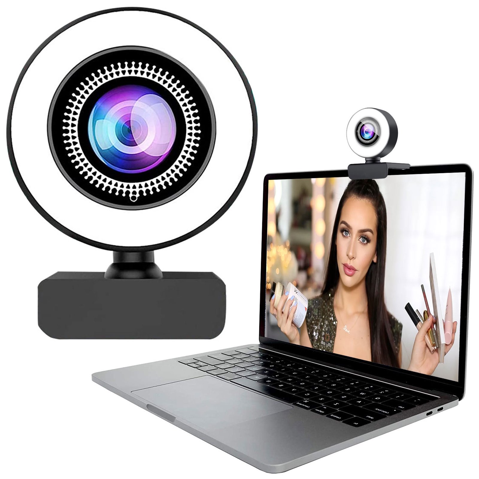 Cooligg 2021 2K Webcam with Ring Light and Microphone, AutoFocus, Plug