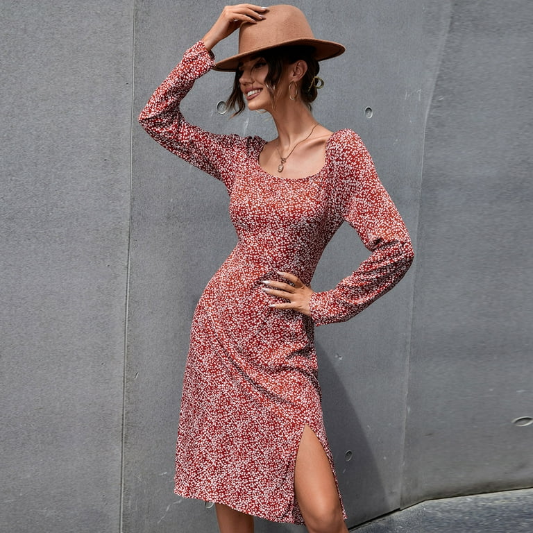 floral print empire waist dress Women Long Sleeve Square Neck Floral Print Empire Waist Split Midi Long  Dress
