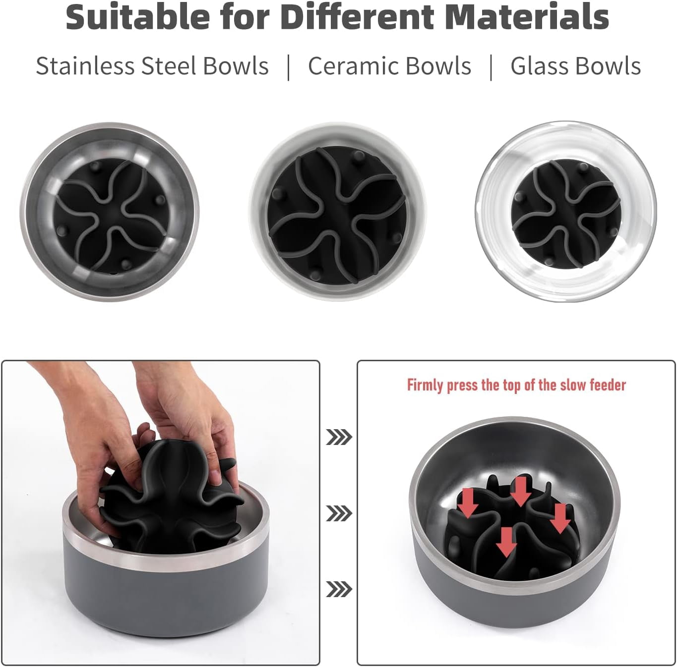 Slow Feeder Dog Bowls Insert, Puzzle Slow Feeder Insert with 51 Octopus Suction Cups for Medium Large Size Dog Food Bowl Over 6.5" Wide (Black)