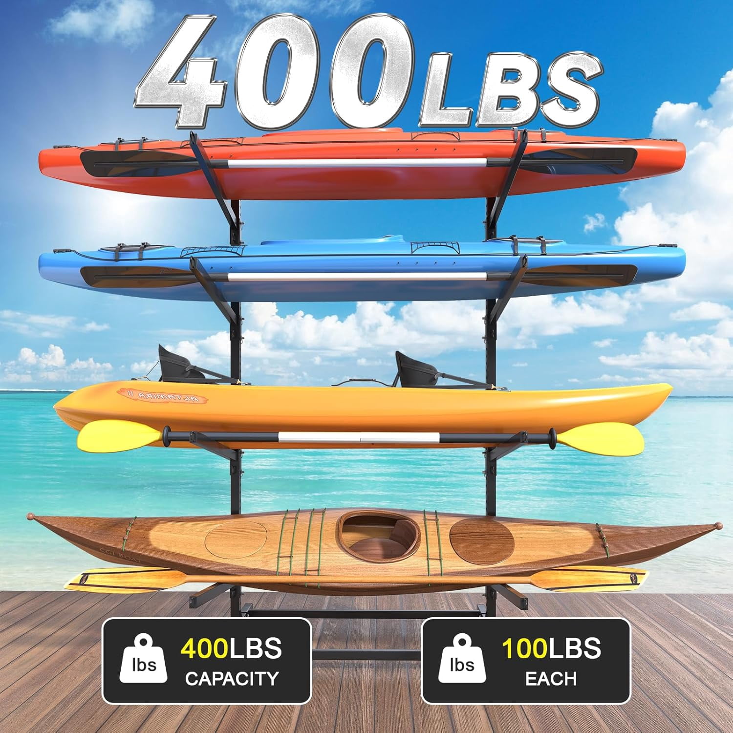 Selooye Kayak Storage Rack, Freestanding Heavy Duty Adjustable Kayak Stand Indoor Outdoor Storage Rack Garage, with Wheels and Foot Pad, for Kayaks, SUPs, Canoes, Surfboard
