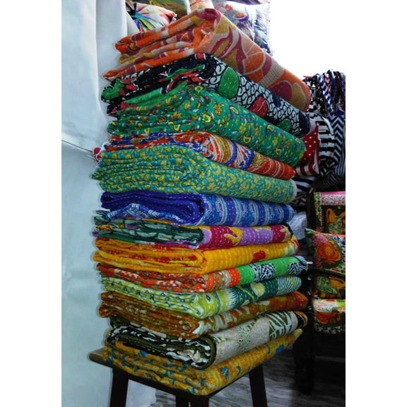 Indian Handmade Cotton Vintage Kantha Quilt Bohemian Reversible Sari Kantha Bed Throw - Sets of 03 PC