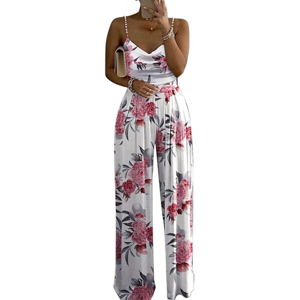 Mono largo para mujer VISgogo Color sólido/estampado/diseño degradado mono de pernera ancha con escote en V con tirantes de perlas VISgogo moda