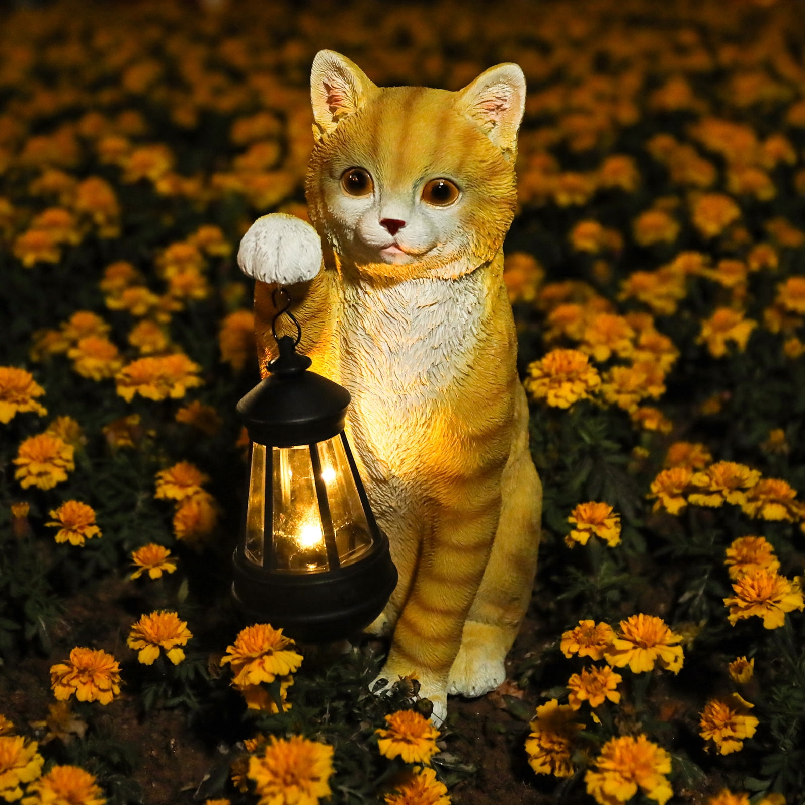 Cat Statue Garden Decor with LED Lantern for Outside -Resin patio Art Gift for lover,Cat Statues for Garden,Patio,Yard Decoration