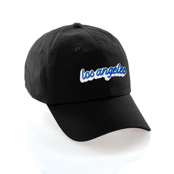 Classic Unstructured USA Cities Baseball Dad Hat 3D Raised PVC Letters Cap, Los Angeles Black, White Royal