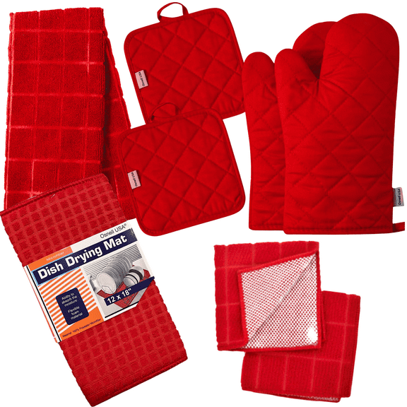 Kitchen Towels - Set Includes: Oven Mitt, 2 Pot Holder, 1 Kitchen Towel, 2 Dish Cloths, 1 Dish Drying Mat, Red