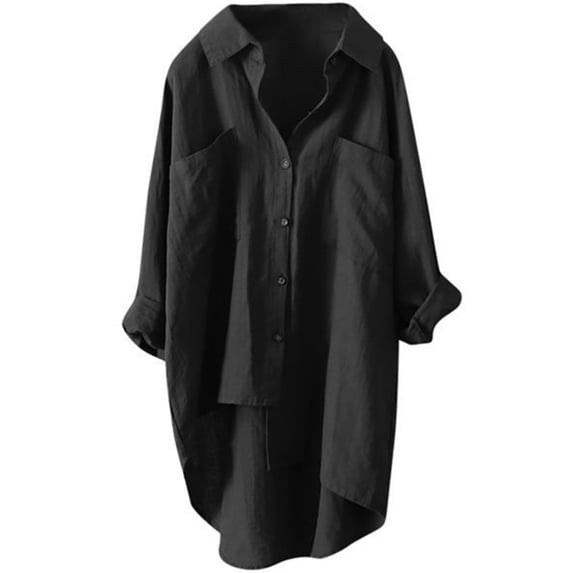Plus Size S-5XL Women's Casual Button Down Cotton Linen Blouse Plus Size High Low T Shirt Long Sleeve Pocket Mid-length Tops
