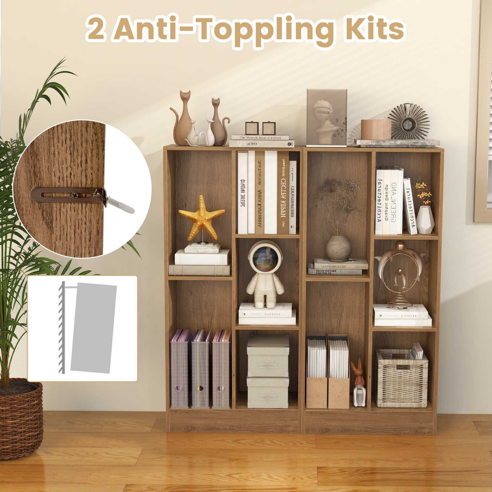 Giantex 5-Cube Bookcase, Freestanding Bookshelf w/ 2 Anti-toppling Kits, Modern Storage Unit, Display Shelving, Natural