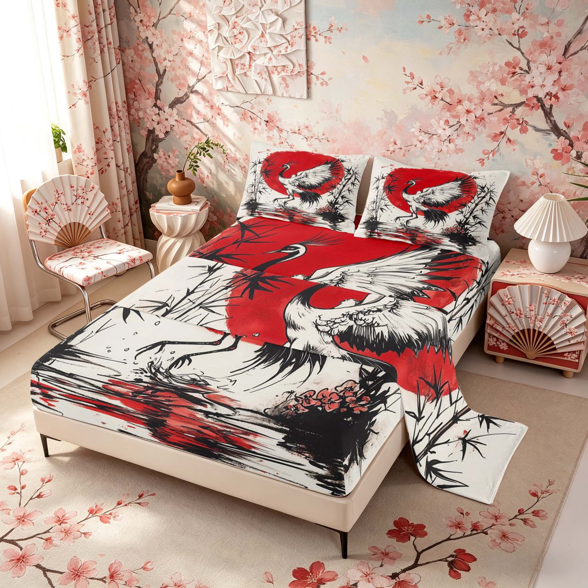 Manfei Ink Red Sun Crane Queen Sheet Sets for Girls, Bamboo Water Bed Set, Black Red White 4-Piece, 1 Flat Sheet, 1 Fitted Sheet and 2 Pillowcases