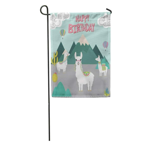 NUDECOR Alpaca Happy Birthday Cute Lama Llama Drawing Airballoon Cactus Garden Flag Decorative Flag House Banner 28x40 inch