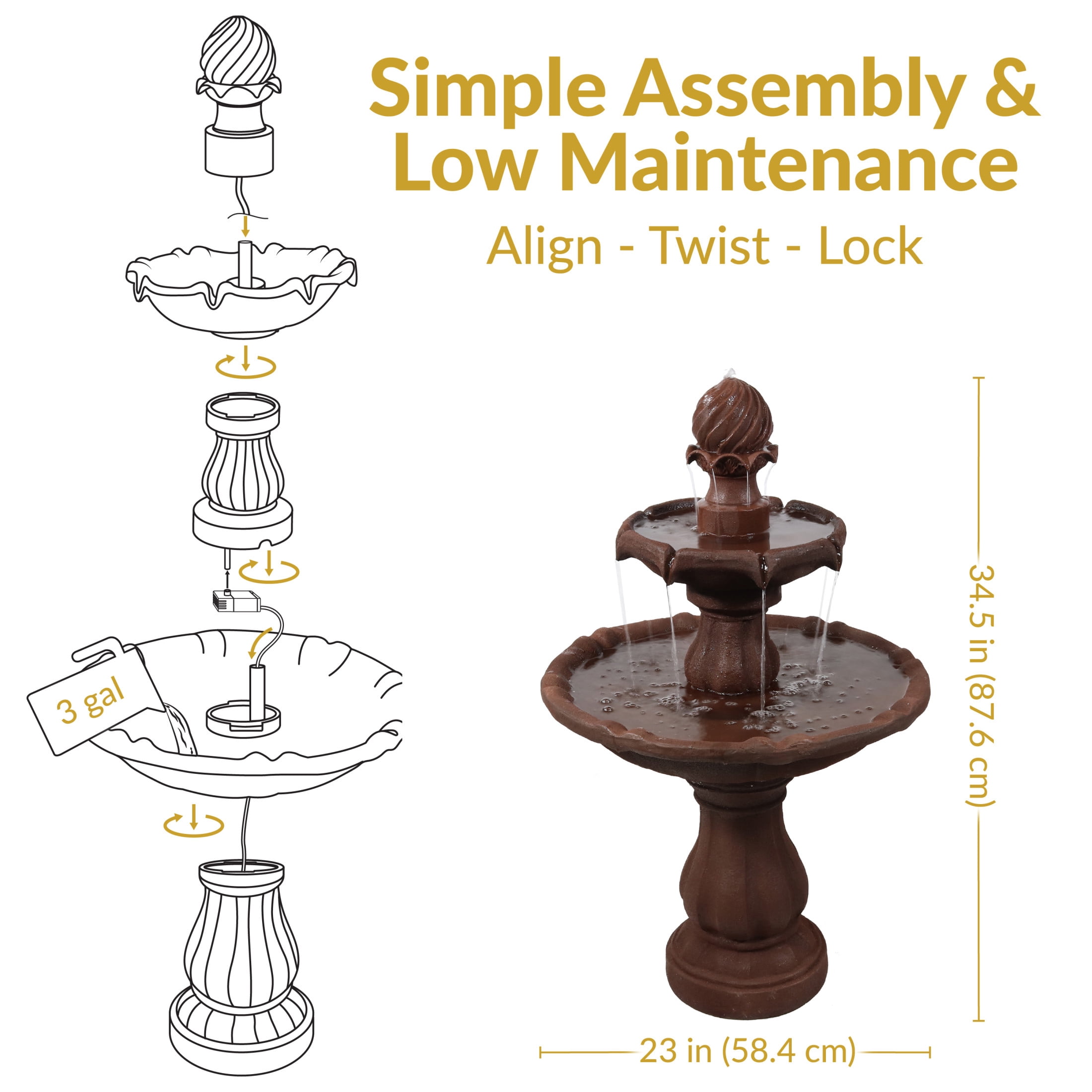 Sunnydaze Traditional Rust Resin 2-Tier Solar Fountain with Battery