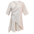 thumbnail image 5 of Vestido mediano de manga corta con cuello en V de lino para mujer: color liso, cómodo, se ajusta a la talla, para la playa o para llevar por la calle; tallas S-XXXL, 5 of 5