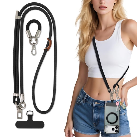 Universal Phone Lanyard Crossbody, Adjustable Cell Phone Neck Strap 8mm with Tether Tab, Tekcoo Anti Theft Detachable Women & Men Phone Lanyards Around the Neck for iPhone Android Smartphones (Black)