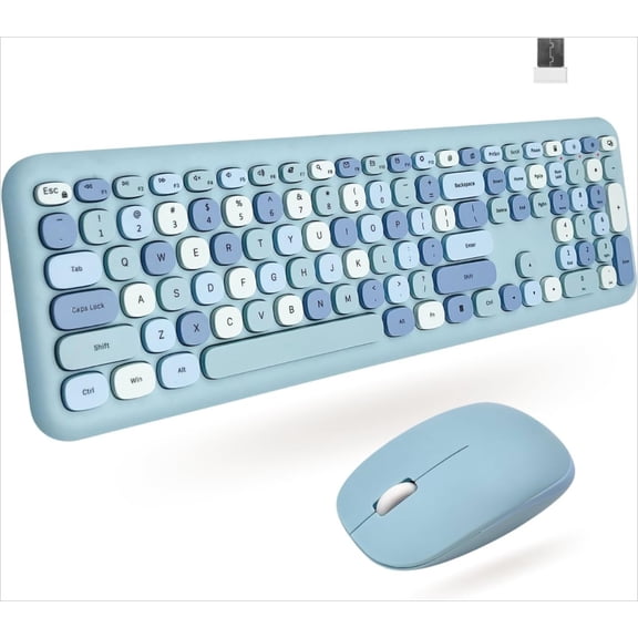 Cute Keyboard and Mouse Combo - Transform Your Space with a Colorful Blue Wireless Keyboard and Mouse Retro Set (110 Keys and 18 Shortcuts)