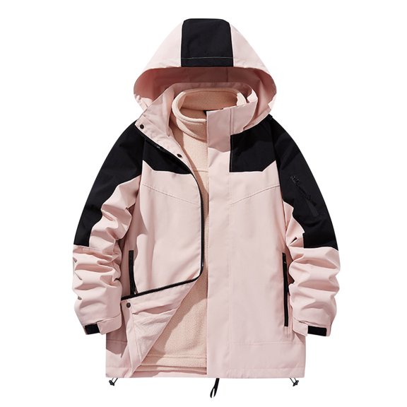 Windbreaker Men Color Blocked Three Proof Mountaineering Suit Three In One Thick Warm Long Sleeve Hooded Casual Outwear Pink 3XL Windbreaker Front-Zip Jacket