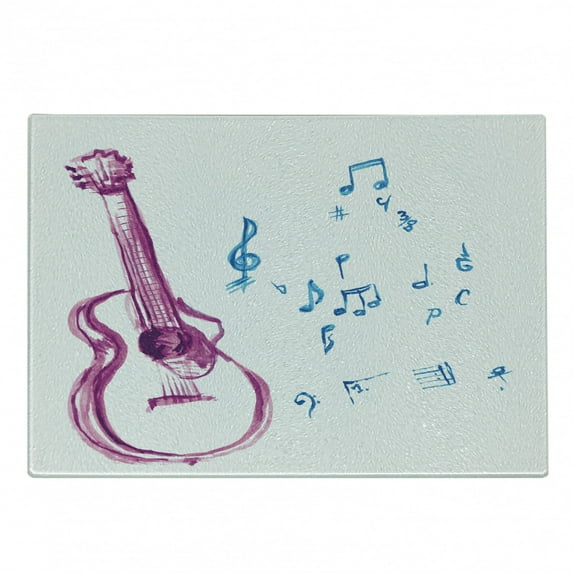 Guitar Cutting Board, Watercolor Musical Instrument with Notes Sheet Elements Brush Stroke Effect, Decorative Tempered Glass Cutting and Serving Board, Small Size, Magenta Blue White, by Ambesonne
