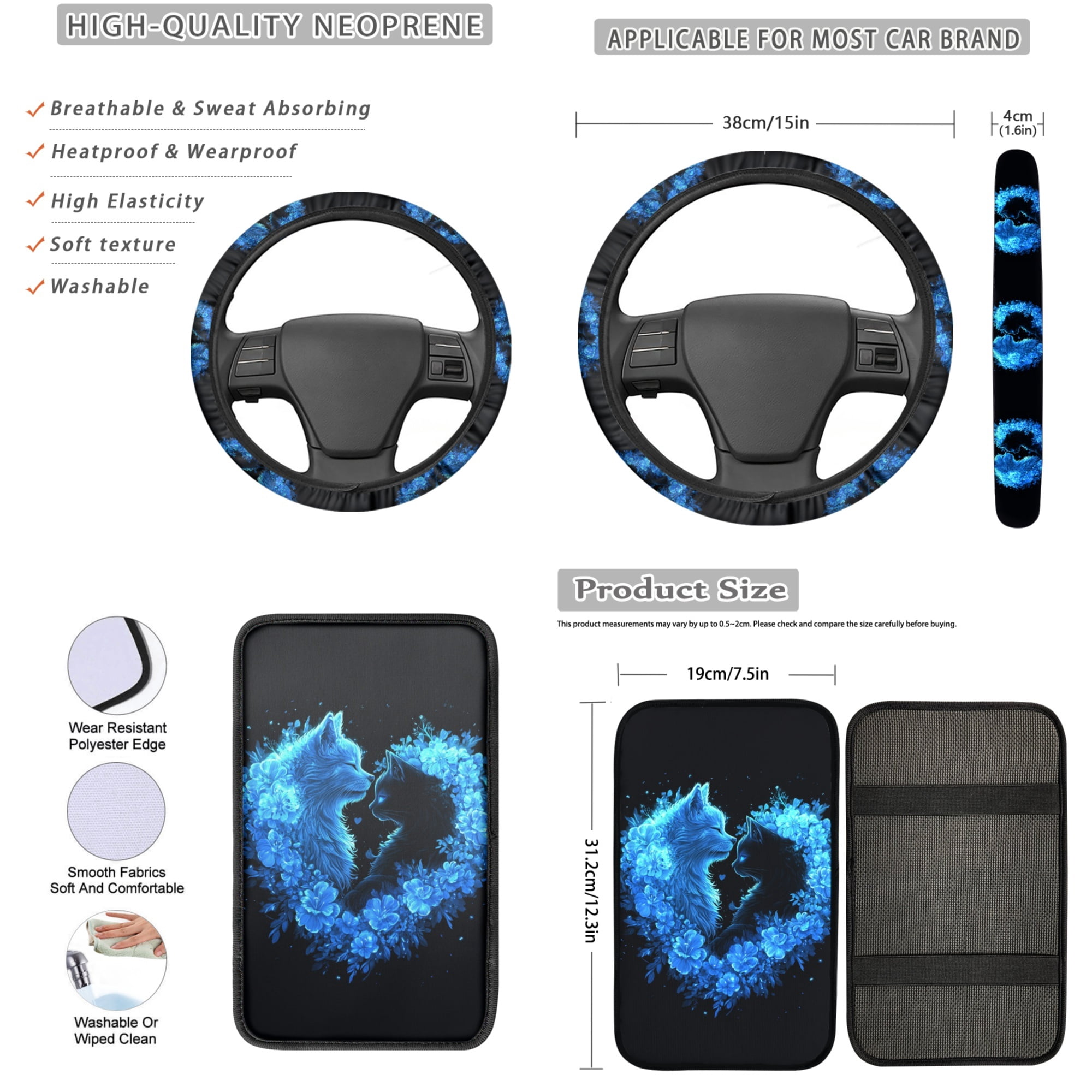 Jeiento Cute Cats Car Seat Covers Full Set with Steering Wheel Cover Safe Belt Pads Coasters Center Console Cover Love Heart Keychain 13 PCS Auto Interior Sets Fit for Most Vehicles
